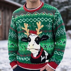 Holiday Time Ugly Christmas Sweater Cow Antlers Green Men’s M Festive Knit